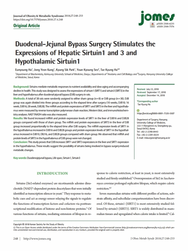 Duodenal-Jejunal Bypass Surgery Stimulates the Expressions of Hepatic Sirtuin1 and 3 and Hypothalamic Sirtuin1